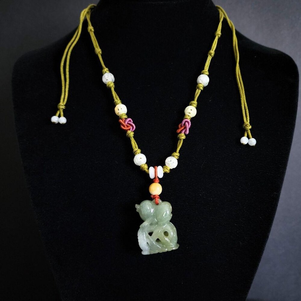 Vintage Authentic Hand-Carved Jadeite "Lucky Pig" Amulet Necklace